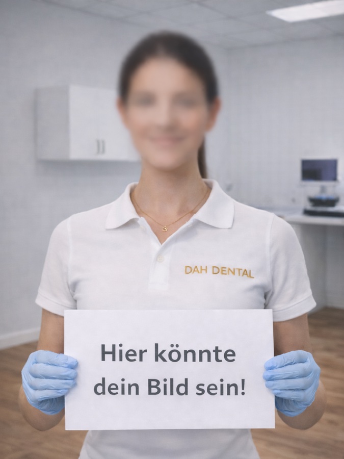 Mitarbeiterin im DAH-Dental-Poloshirt hält ein Schild mit der Aufschrift: Hier könnte dein Bild sein – Ausbildungsplatz Zahntechnik
