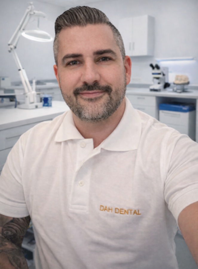 ZTM Perica Loncaric, Inhaber und Geschäftsführer von DAH Dental, in seinem Dentallabor in Dachau